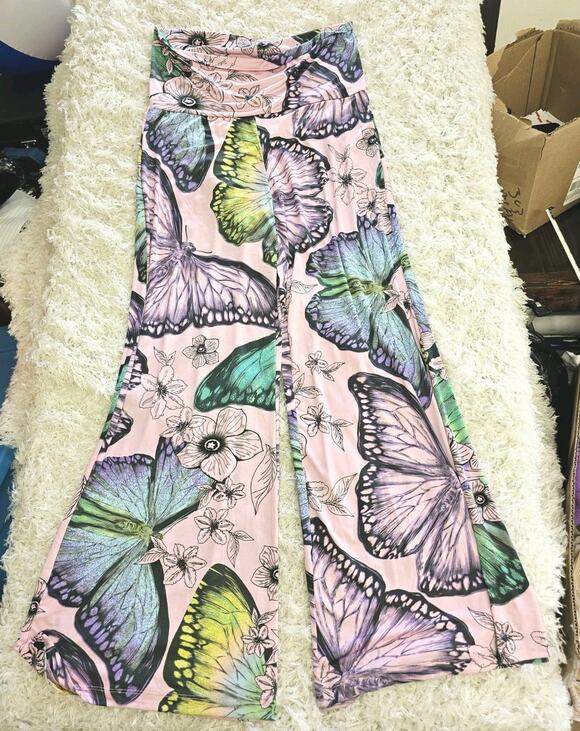 White Mark Pants - White Mark Women XL Palazzo Pants Butterfly Print Pink Wide Leg Fit Flare Boho